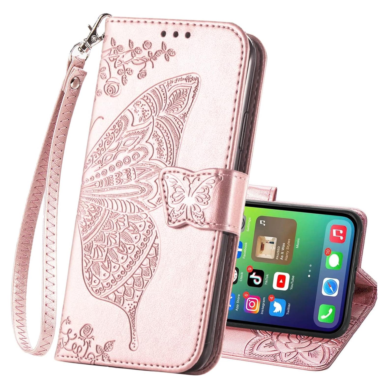 Funda Cartera HAOTP para iPhone 16E Rosa Dorado con Soporte