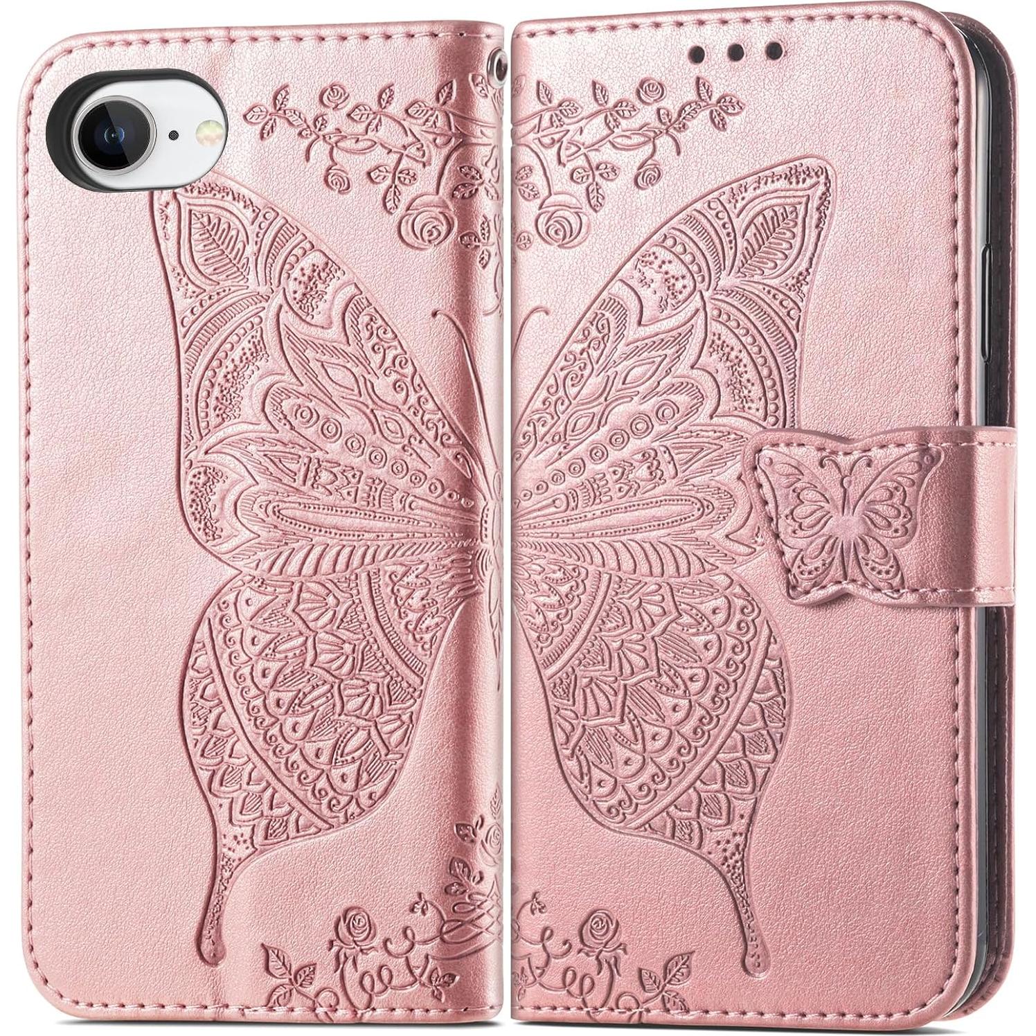 Funda Cartera HAOTP para iPhone 16E Rosa Dorado con Soporte
