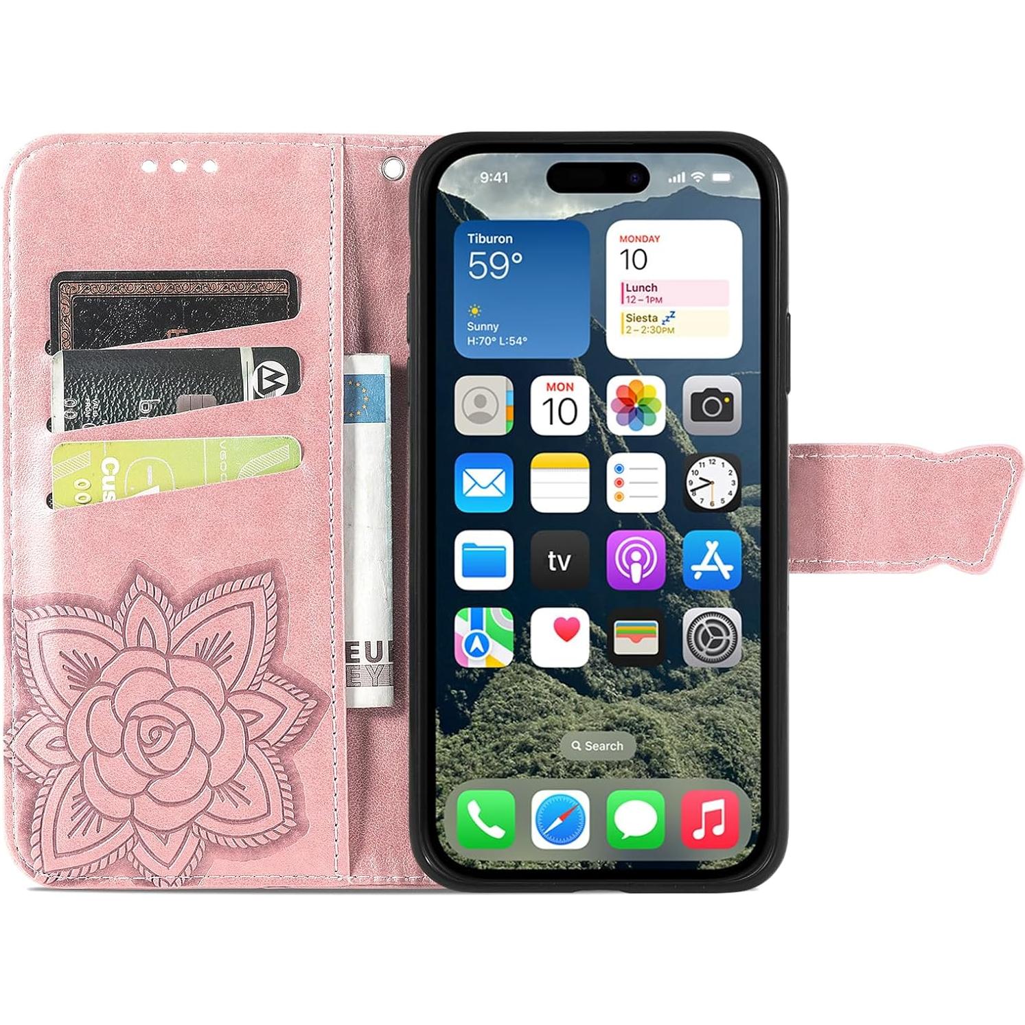 Funda Cartera HAOTP para iPhone 16E Rosa Dorado con Soporte
