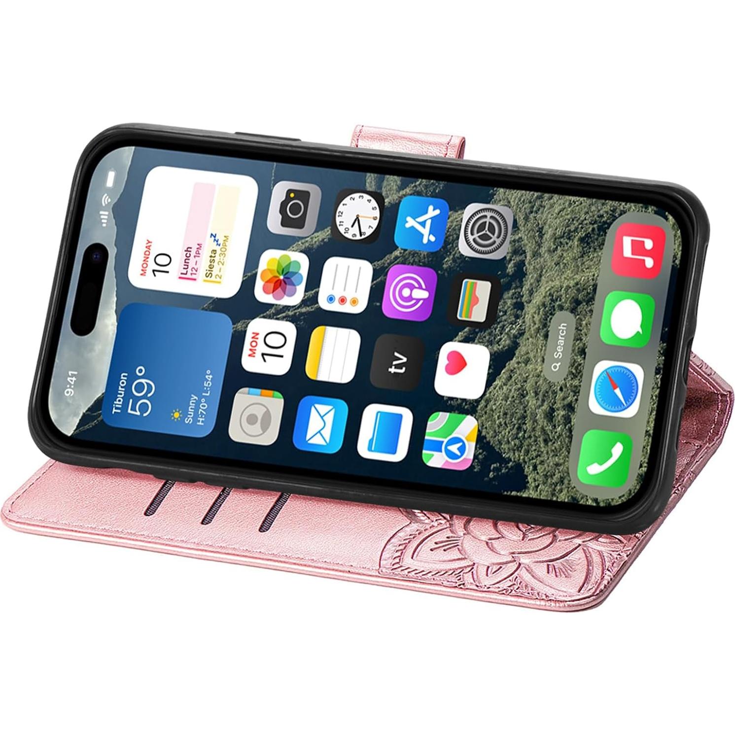Funda Cartera HAOTP para iPhone 16E Rosa Dorado con Soporte