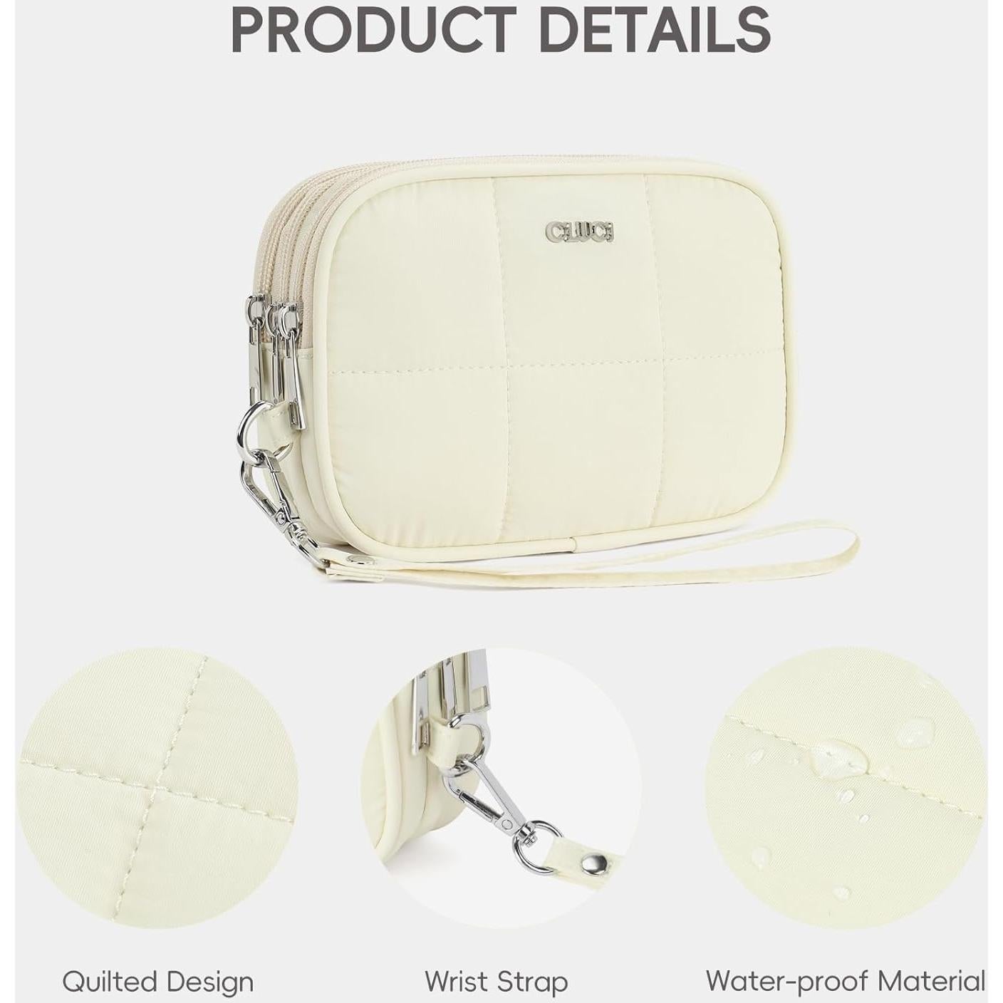 Cartera de Muñeca Puffer CLUCI Beige 3 Bolsillos 19x12.5cm