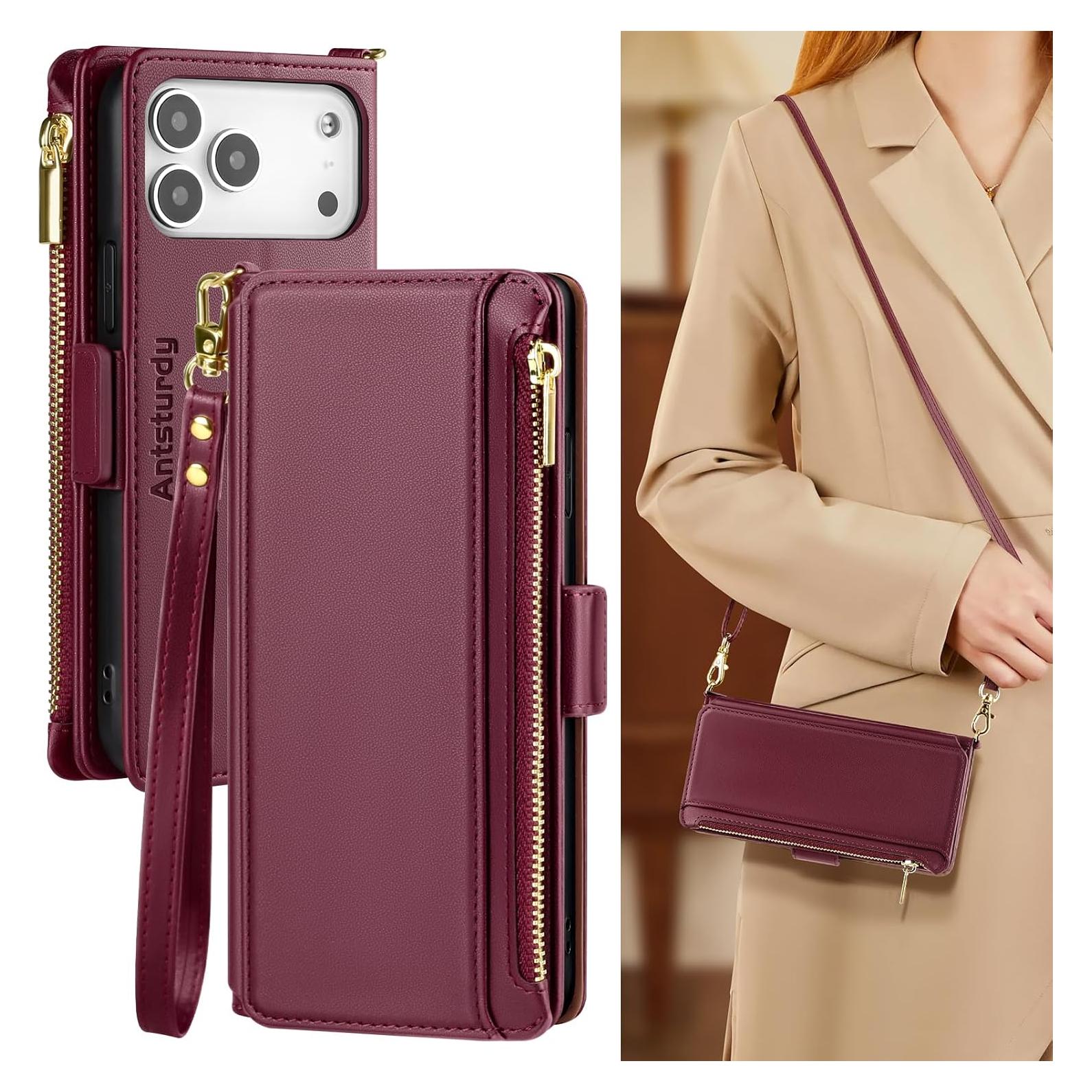 Funda de Cartera Antsturdy para iPhone 17 Pro Max RFID Rojo Vino