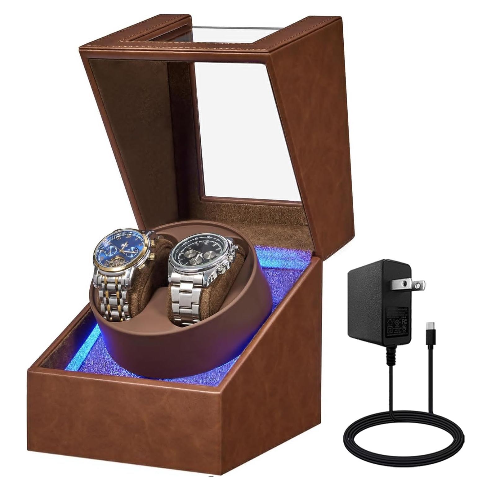 BEWISHOME Reloj Winder Doble con Luz LED y Motor Silencioso