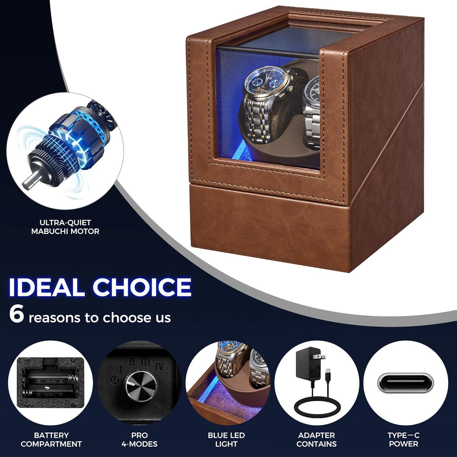 BEWISHOME Reloj Winder Doble con Luz LED y Motor Silencioso