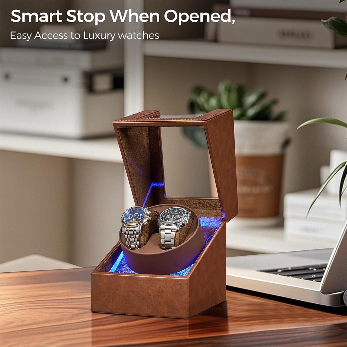 BEWISHOME Reloj Winder Doble con Luz LED y Motor Silencioso