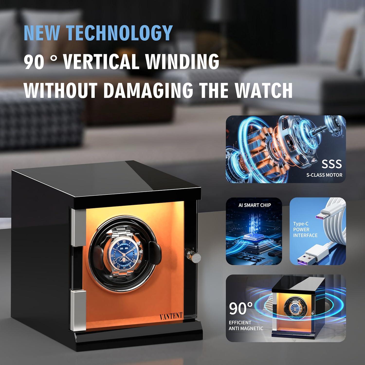 Enrollador de Reloj Automático VANTENT Negro con USB Tipo-C