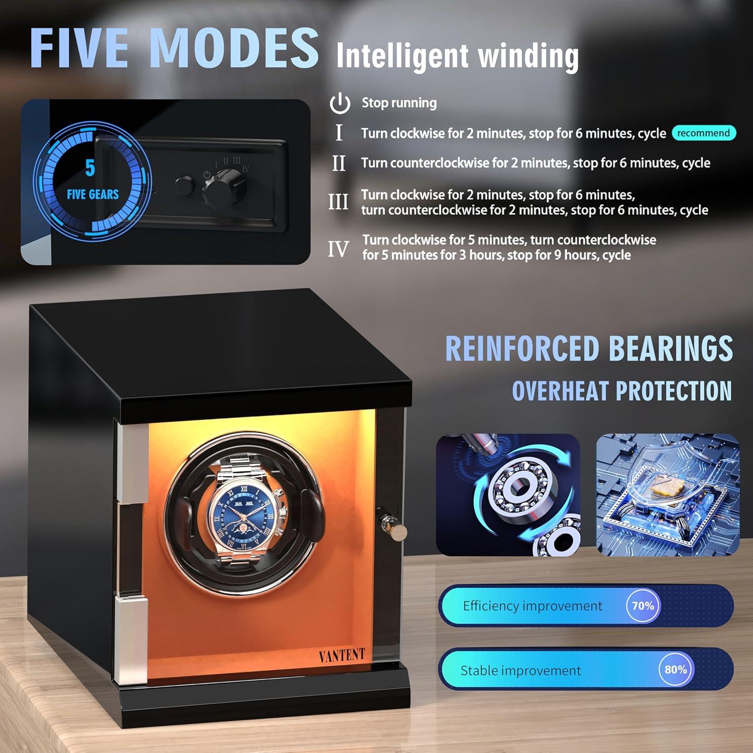 Enrollador de Reloj Automático VANTENT Negro con USB Tipo-C