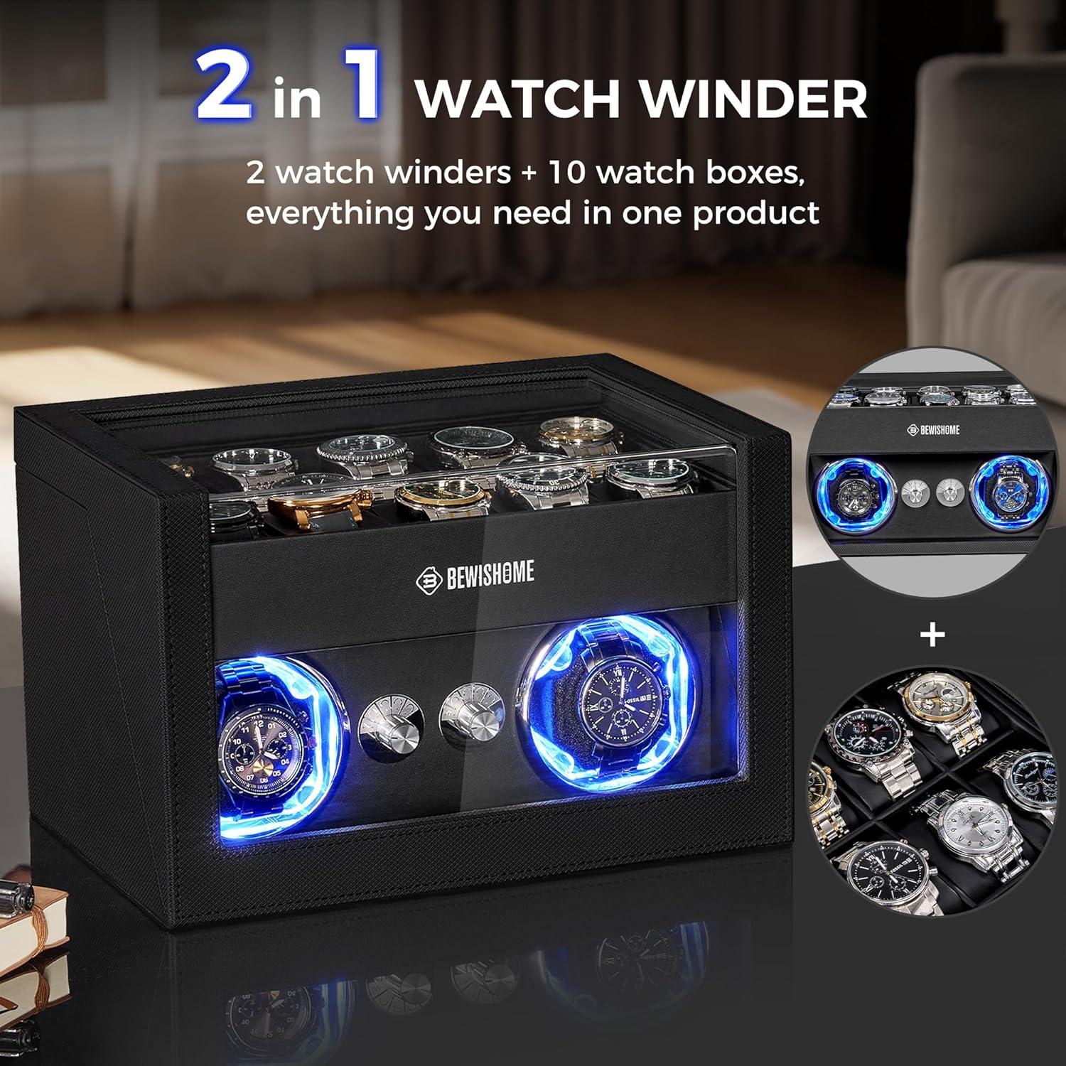 BEWISHOME Reloj Winder Doble para 10 Relojes con Luz LED