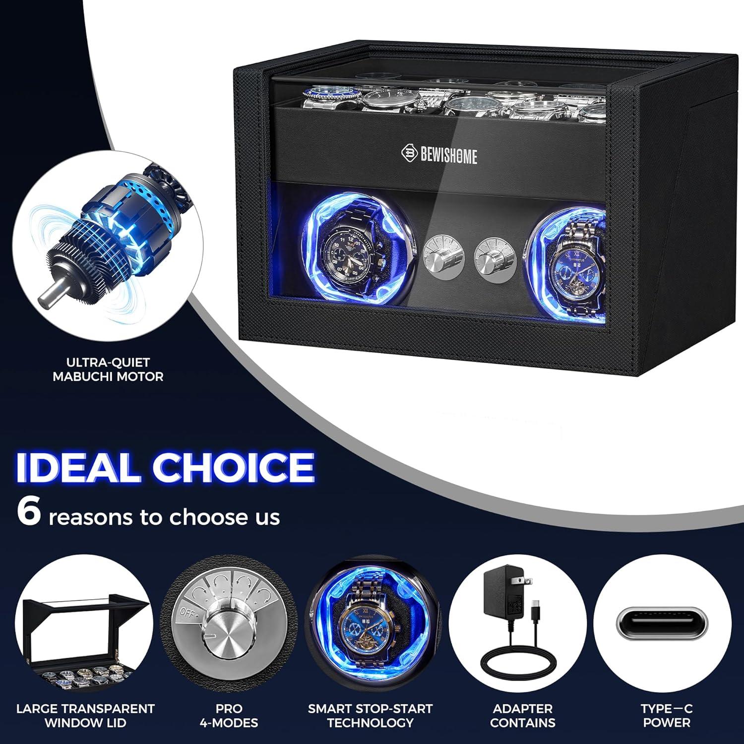 BEWISHOME Reloj Winder Doble para 10 Relojes con Luz LED