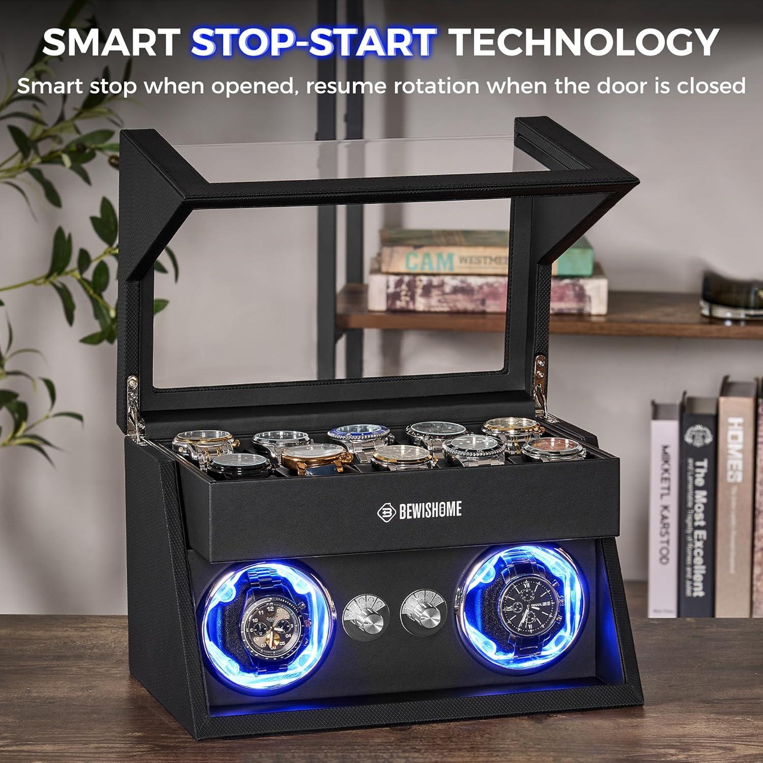 BEWISHOME Reloj Winder Doble para 10 Relojes con Luz LED