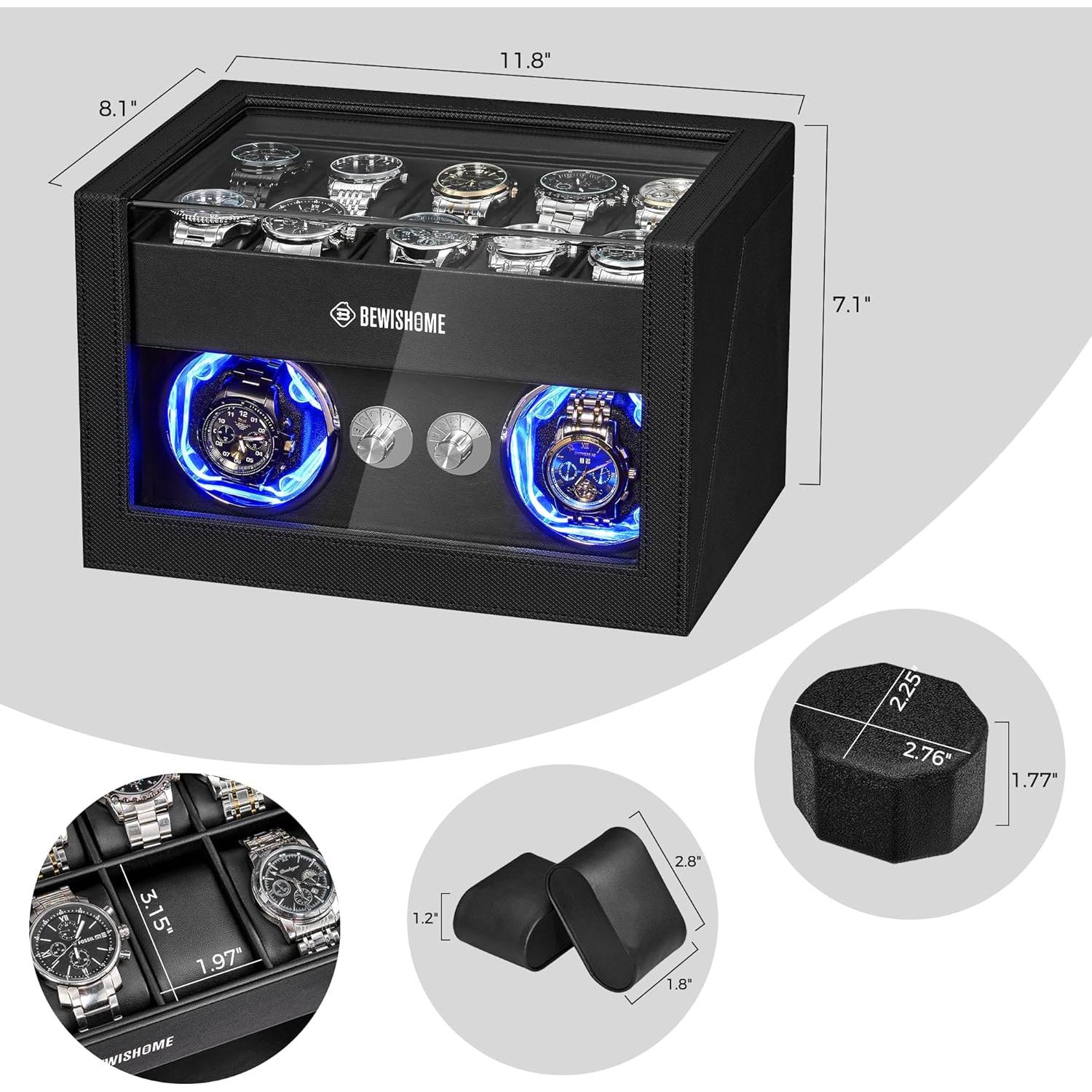 BEWISHOME Reloj Winder Doble para 10 Relojes con Luz LED