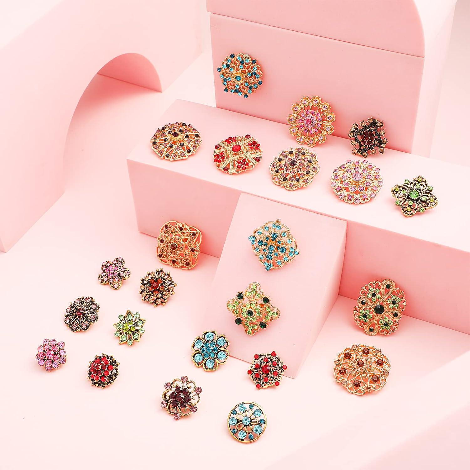 36 Broches de Flores Vintage con Rhinestone para Mujeres - Joyería Retro