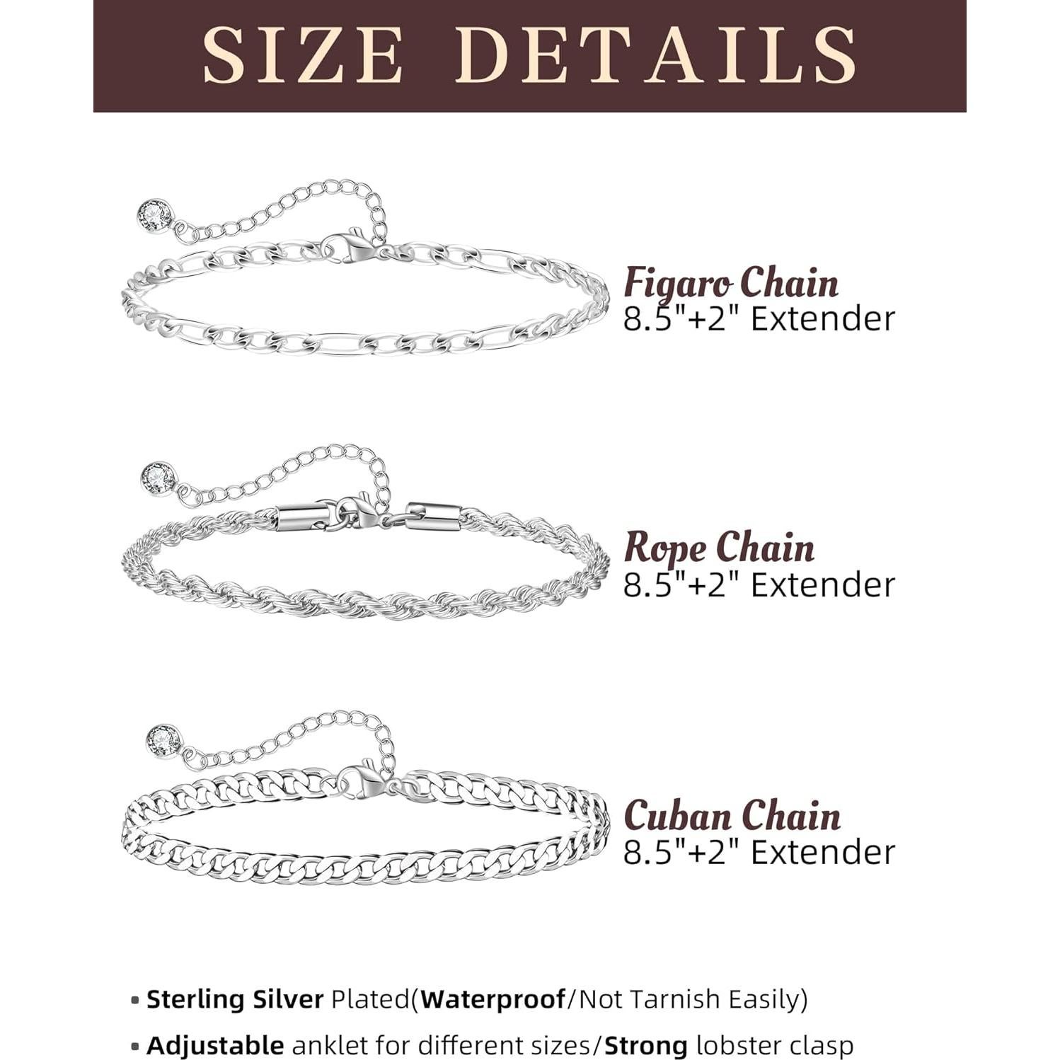 Pulseras de Tobillo de Plata Esterlina Melshabt - 3 Piezas