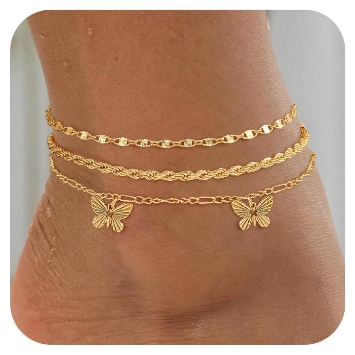 Conjunto de 3 Tobilleras de Oro 14K para Mujeres Ajustables