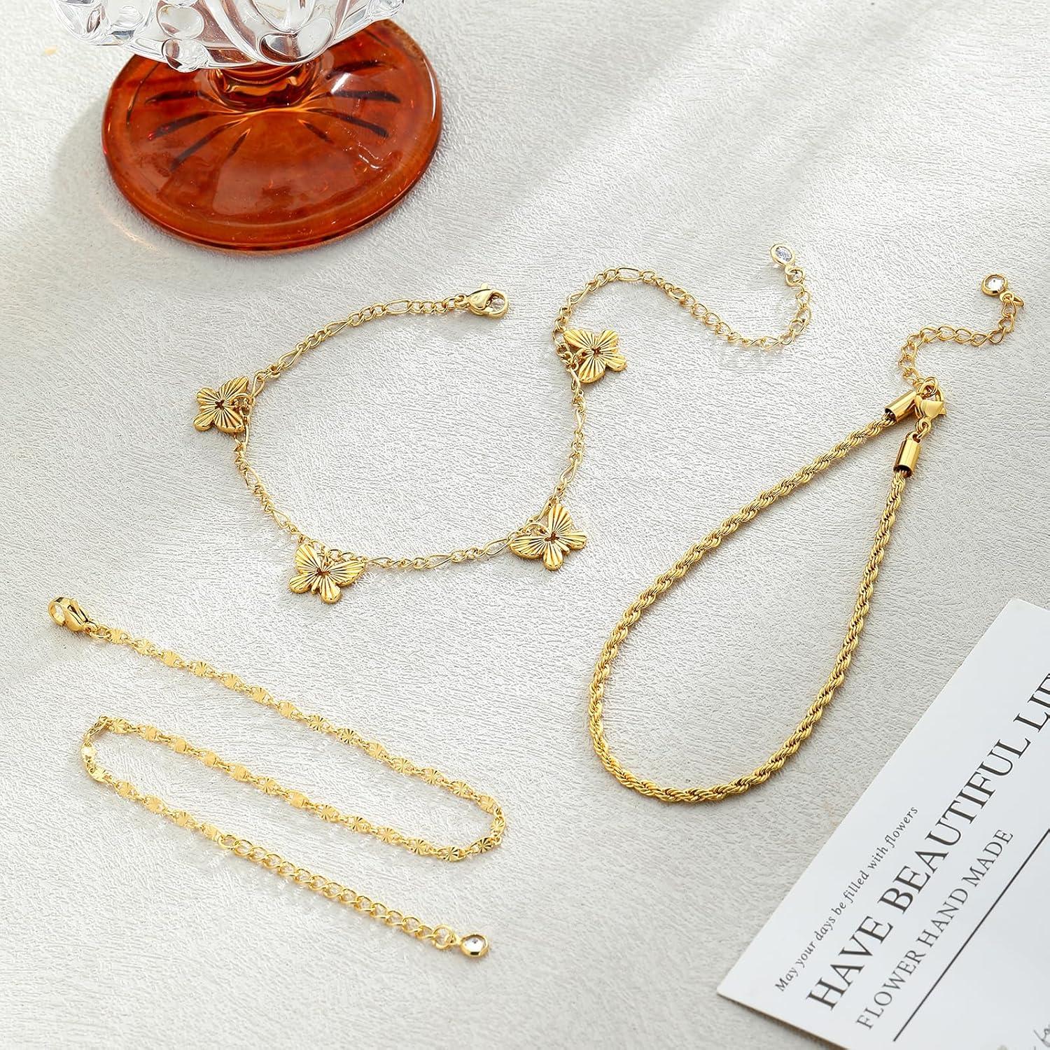 Conjunto de 3 Tobilleras de Oro 14K para Mujeres Ajustables