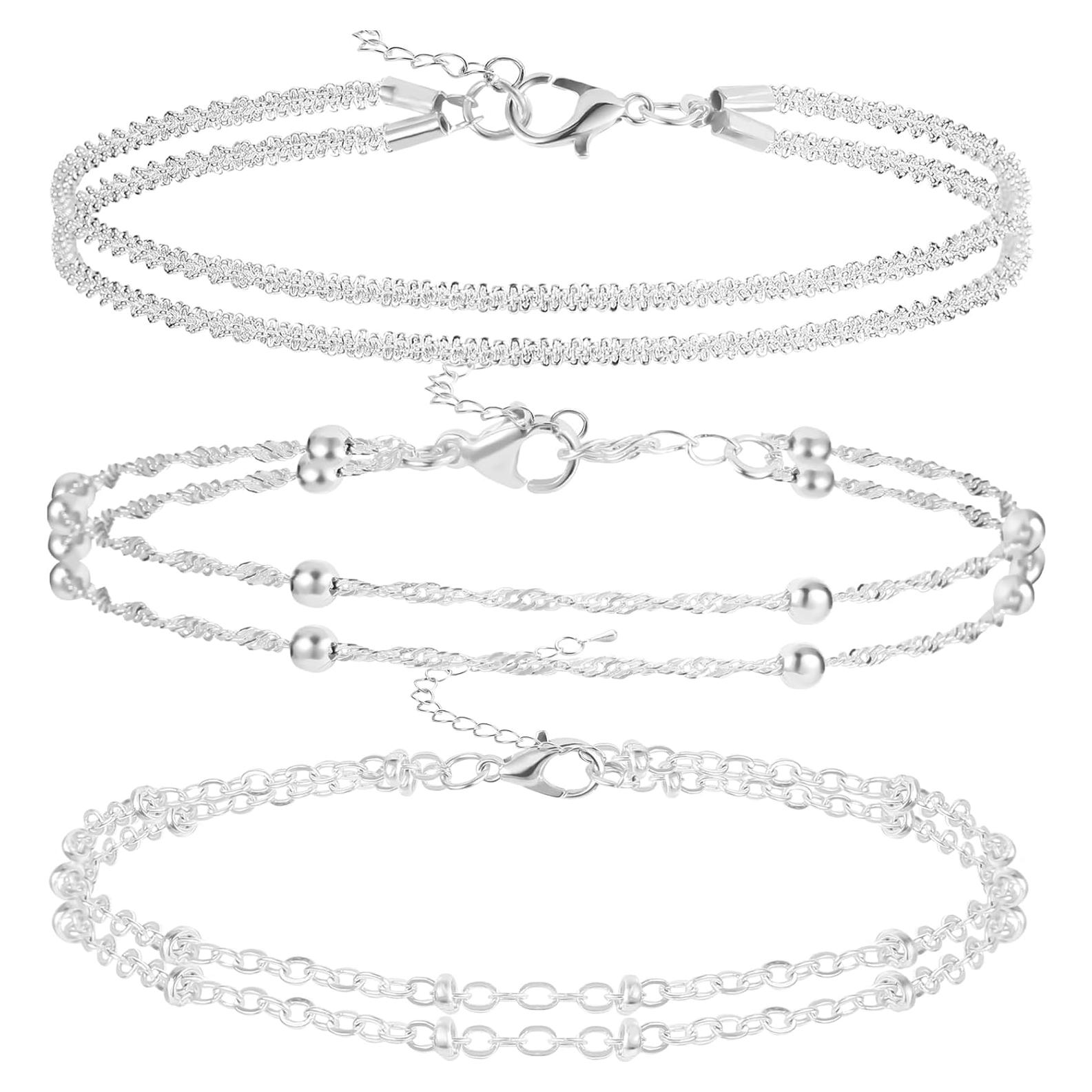 Juego de 3 Pulseras de Tobillo Plata Esterlina Ajustables