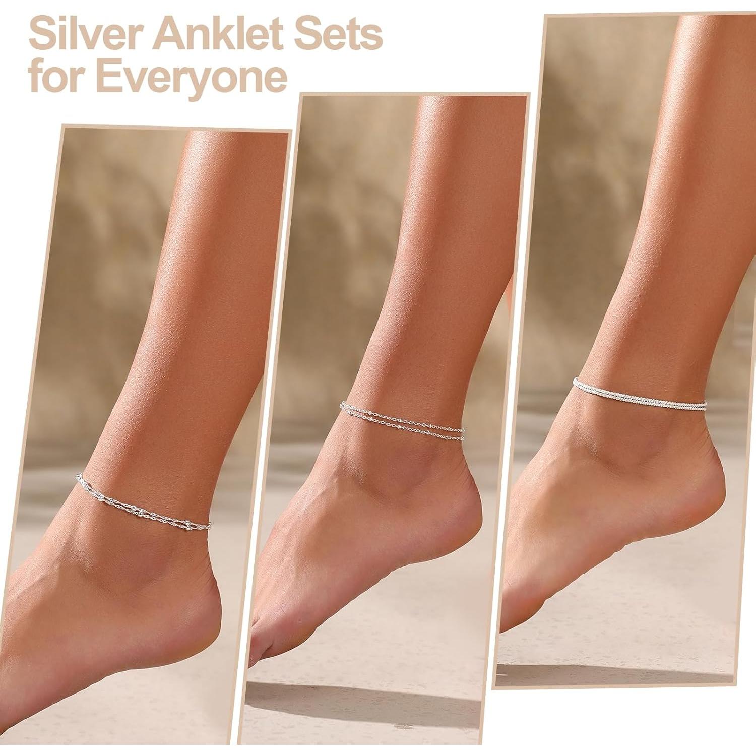 Juego de 3 Pulseras de Tobillo Plata Esterlina Ajustables