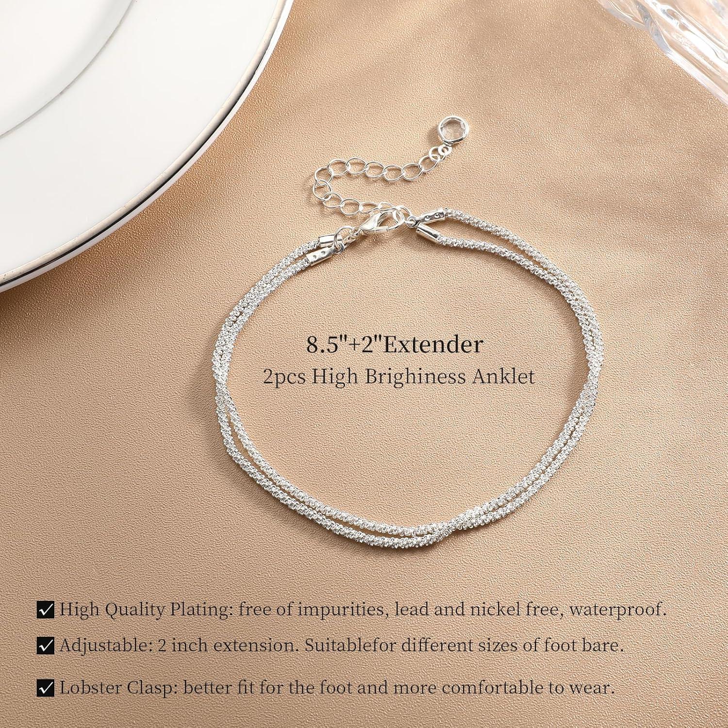 Juego de 3 Pulseras de Tobillo Plata Esterlina Ajustables