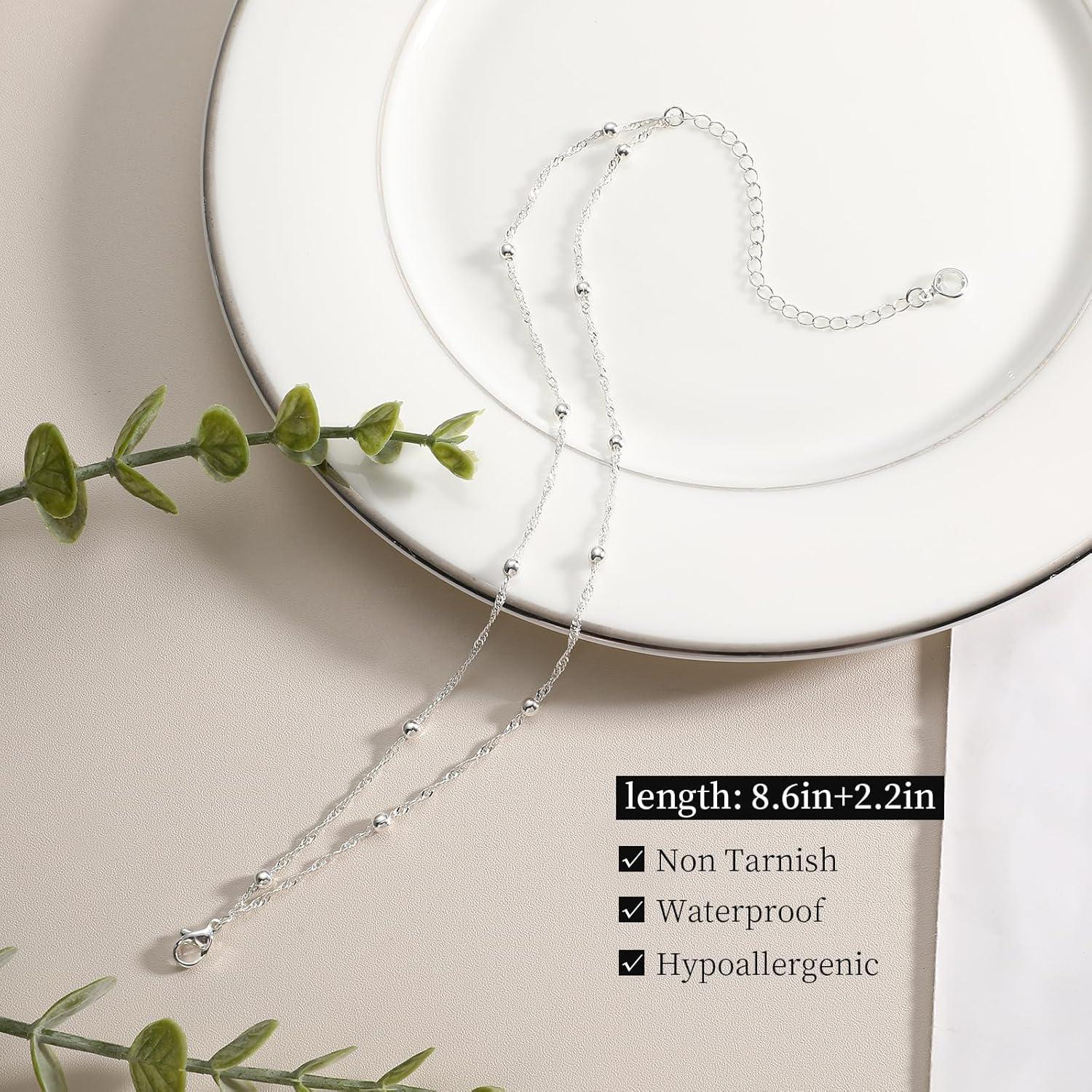 Juego de 3 Pulseras de Tobillo Plata Esterlina Ajustables