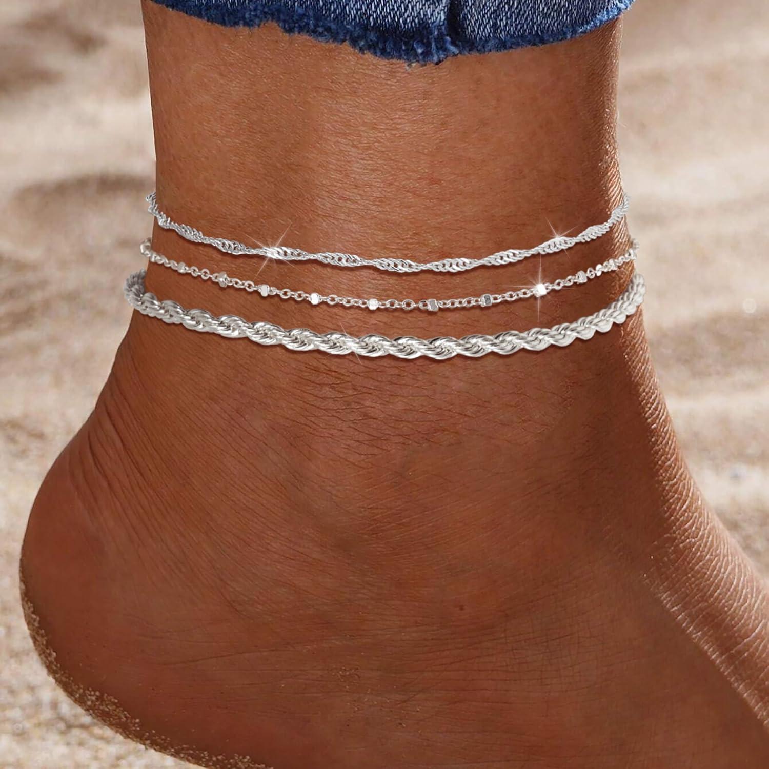 Conjunto de 3 Pulseras de Tobillo Risamil para Mujeres - Baño de Plata