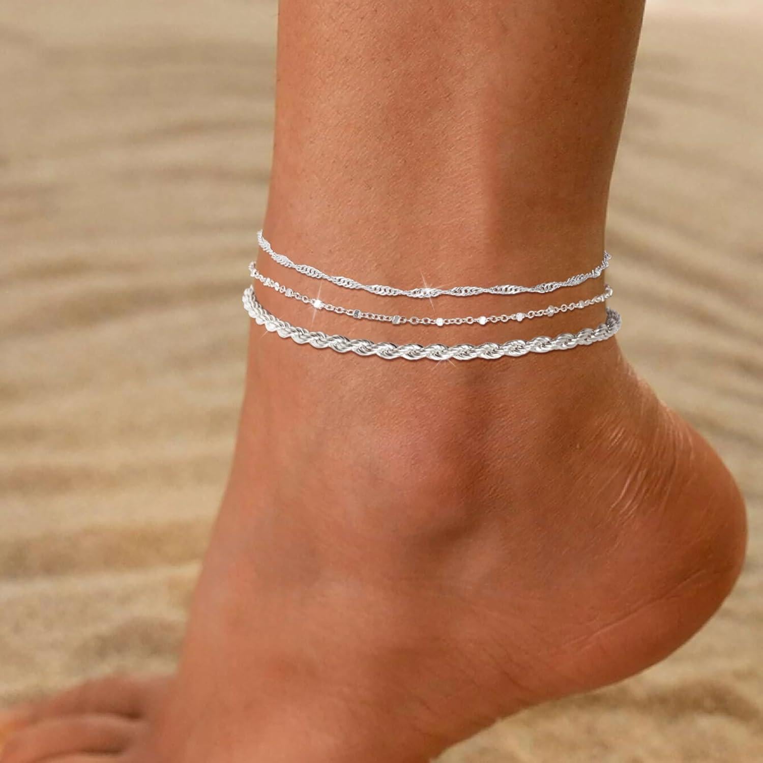 Conjunto de 3 Pulseras de Tobillo Risamil para Mujeres - Baño de Plata