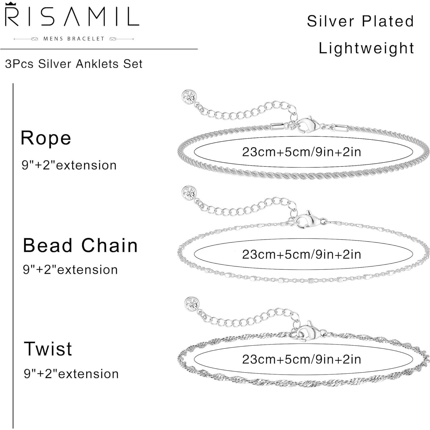 Conjunto de 3 Pulseras de Tobillo Risamil para Mujeres - Baño de Plata
