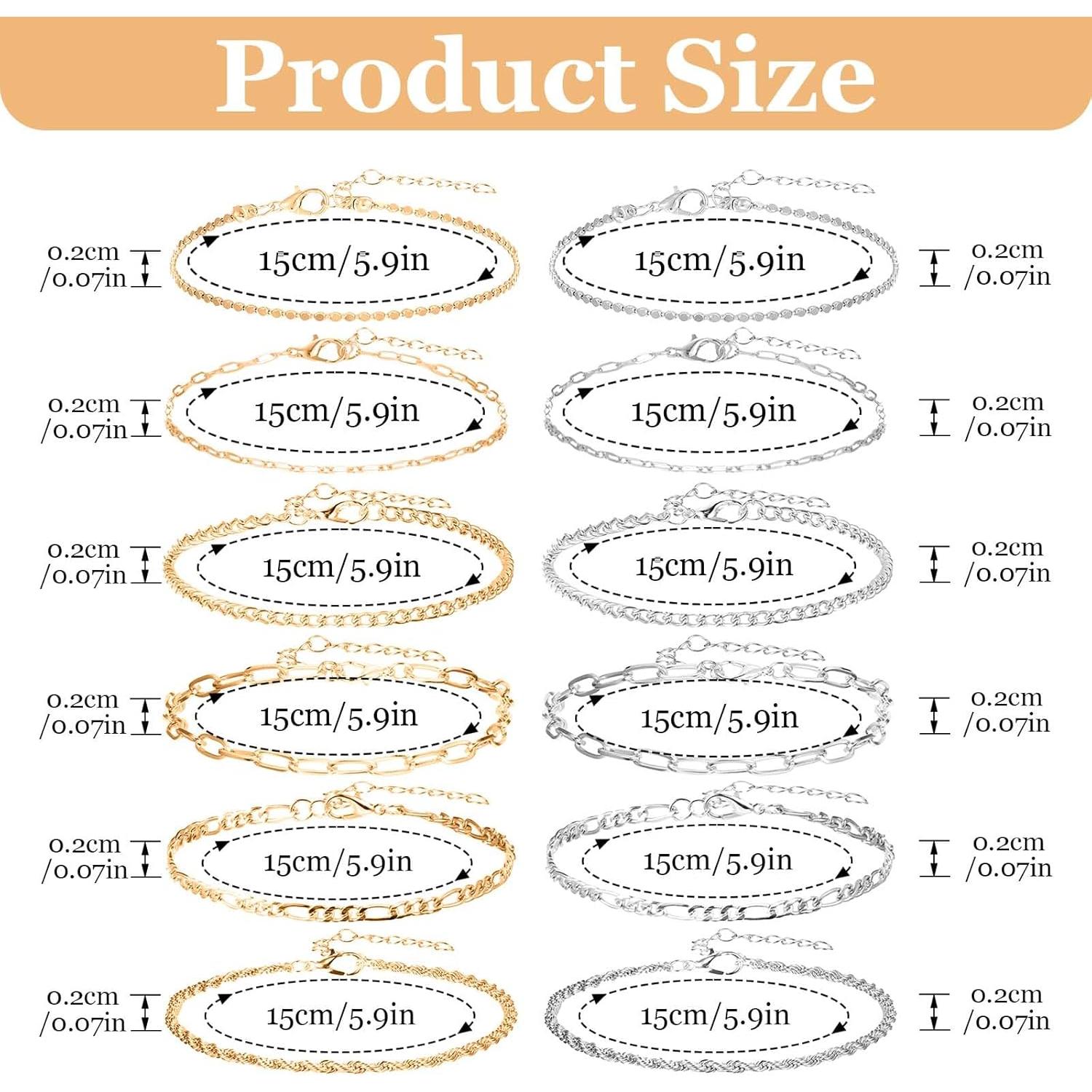 12 Pulseras de Tobillo Oro y Plata para Mujeres 14k Ajustables