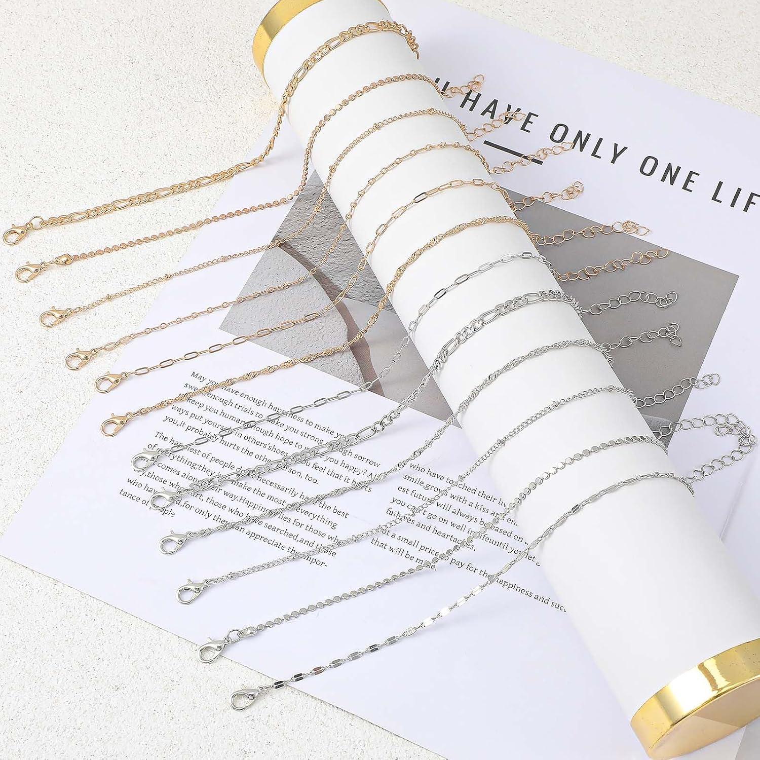 12 Pulseras de Tobillo Oro y Plata para Mujeres 14k Ajustables