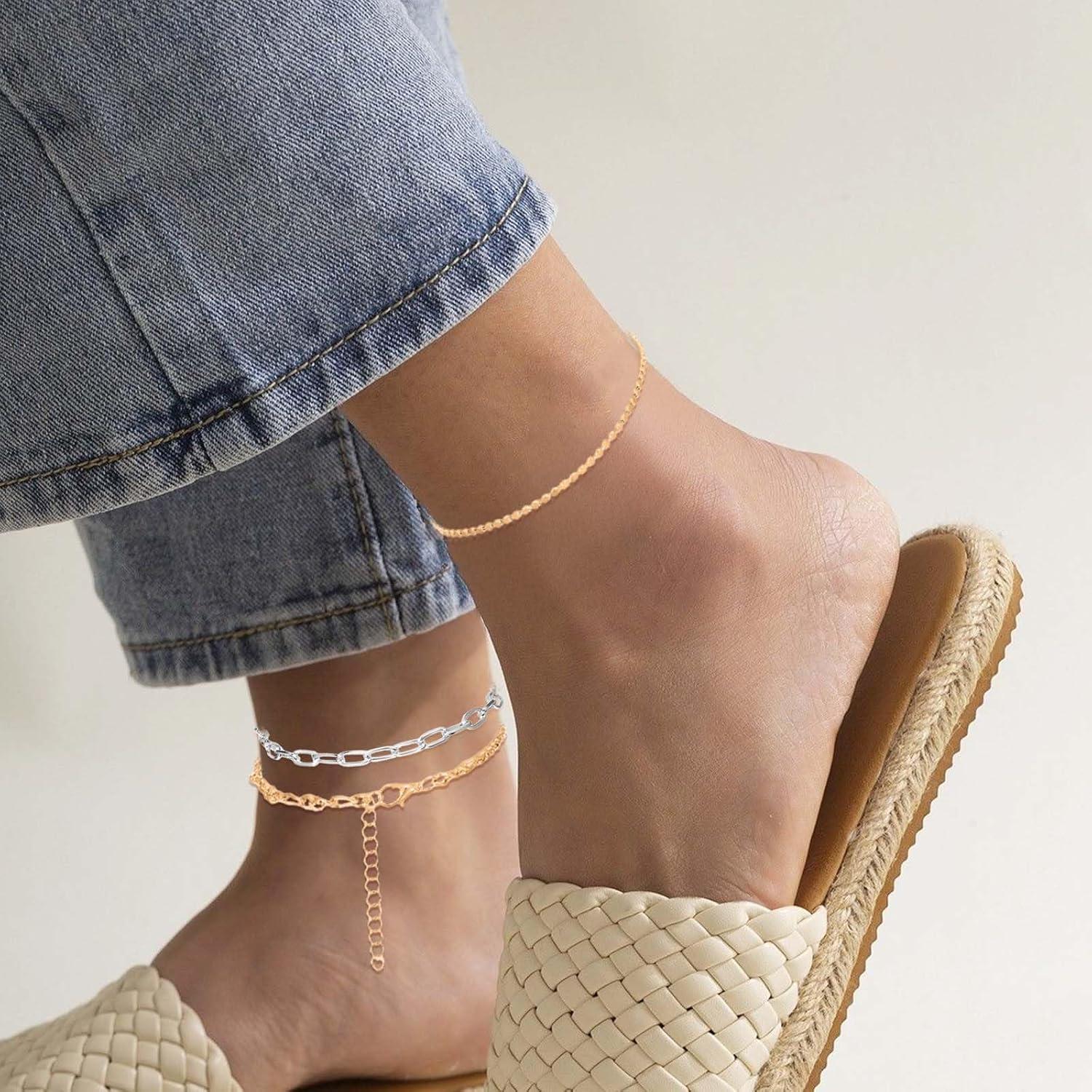 12 Pulseras de Tobillo Oro y Plata para Mujeres 14k Ajustables