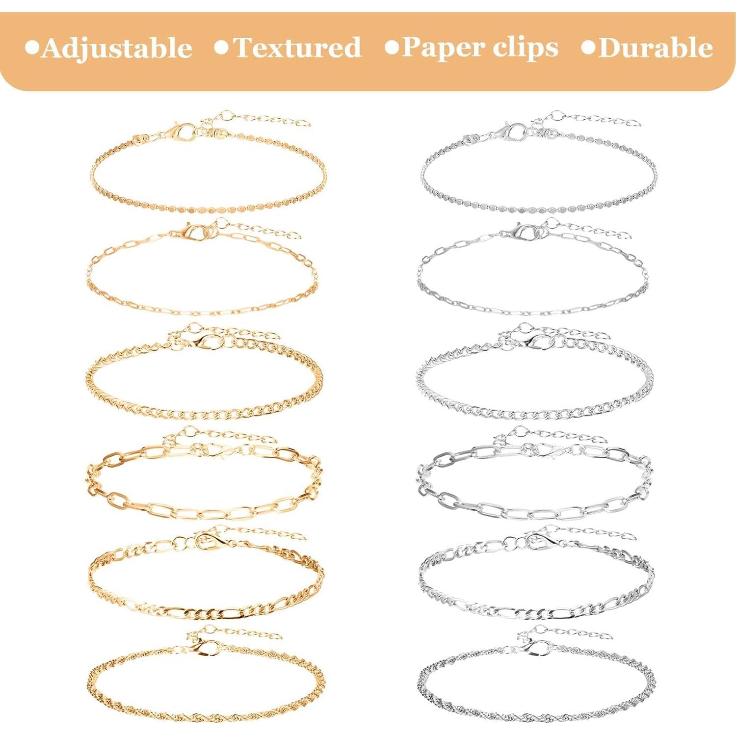 12 Pulseras de Tobillo Oro y Plata para Mujeres 14k Ajustables