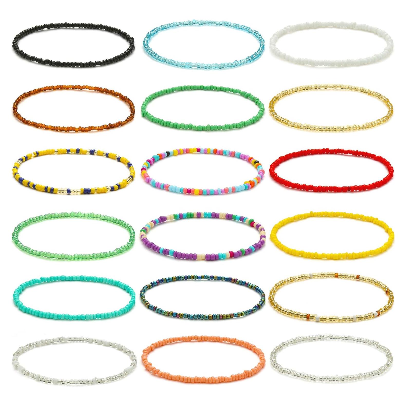 18 Pulseras de Tobillo Elásticas Coloridas Hechas a Mano