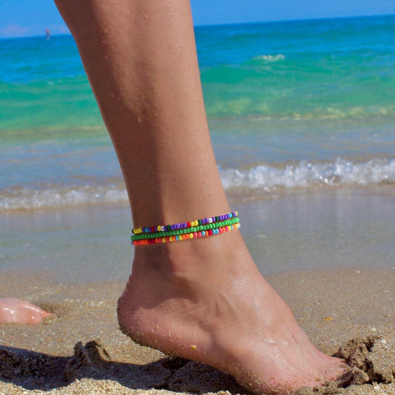 18 Pulseras de Tobillo Elásticas Coloridas Hechas a Mano