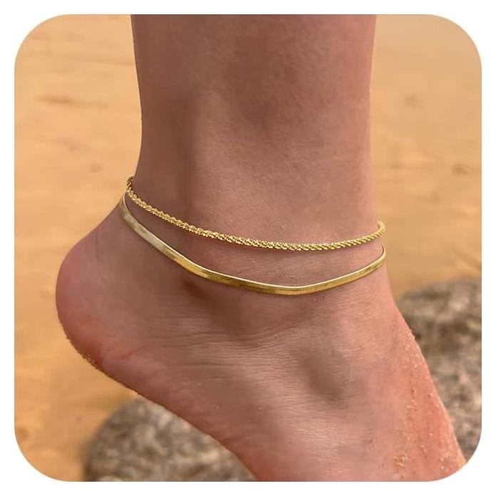 Tobilleras de Oro 14K para Mujeres - Conjunto 2PCS Impermeables