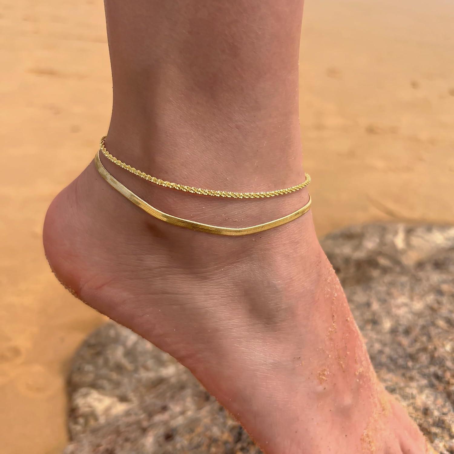 Tobilleras de Oro 14K para Mujeres - Conjunto 2PCS Impermeables