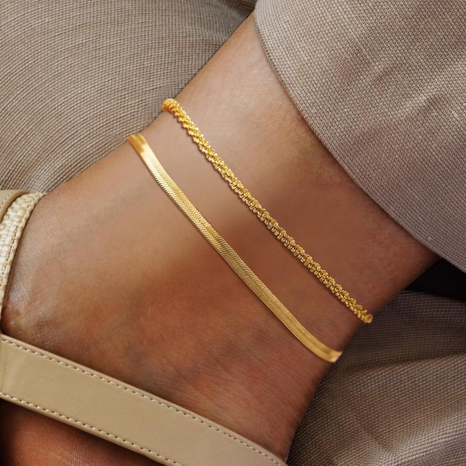 Tobilleras de Oro 14K para Mujeres - Conjunto 2PCS Impermeables