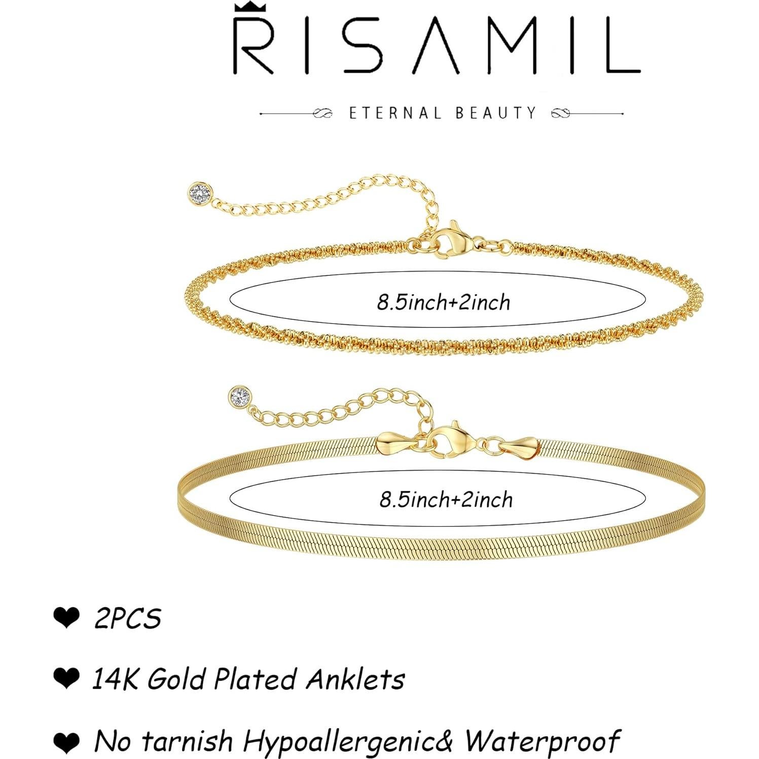 Tobilleras de Oro 14K para Mujeres - Conjunto 2PCS Impermeables