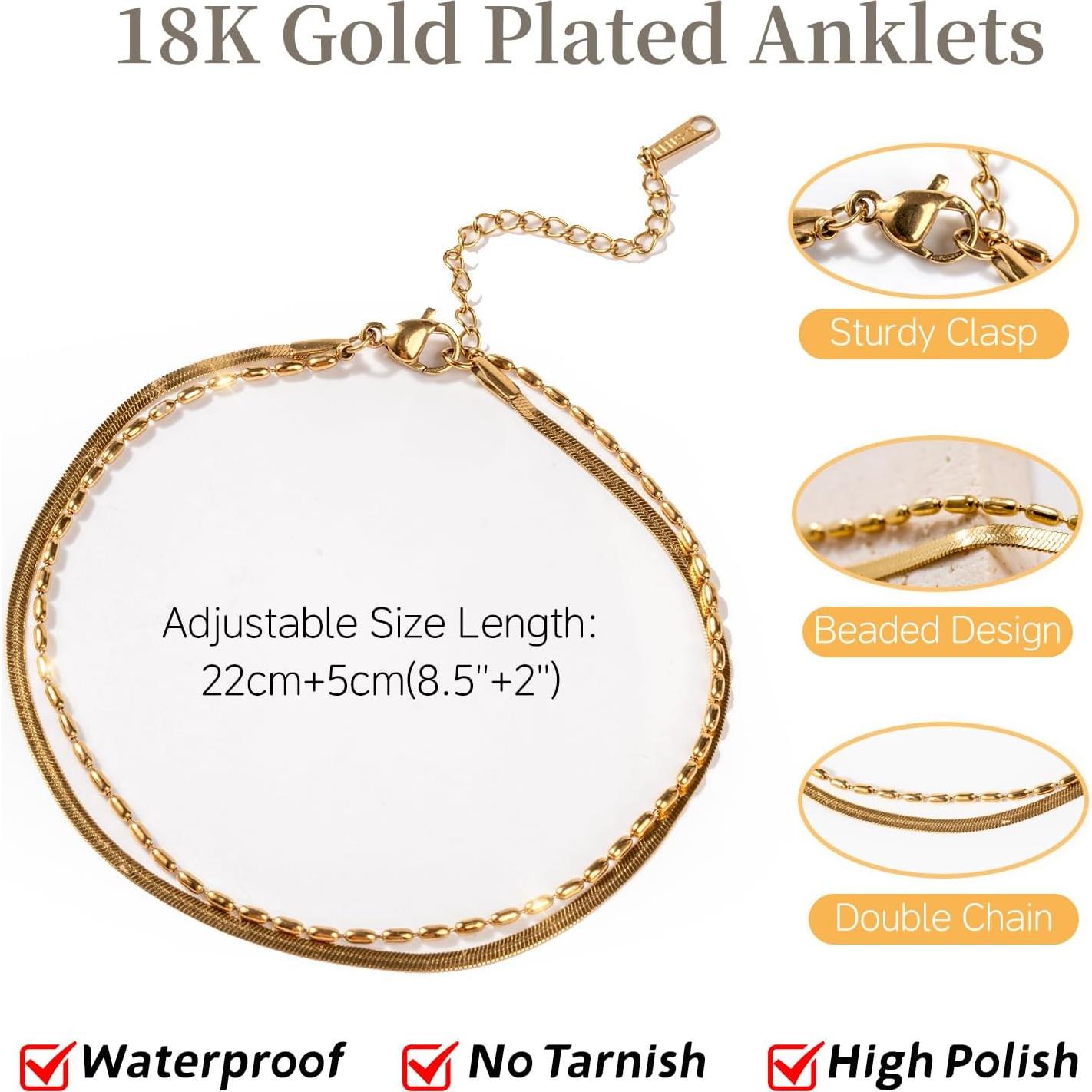 Tobilleras de Oro 18K para Mujeres - Pulsera de Tobillo Ajustable