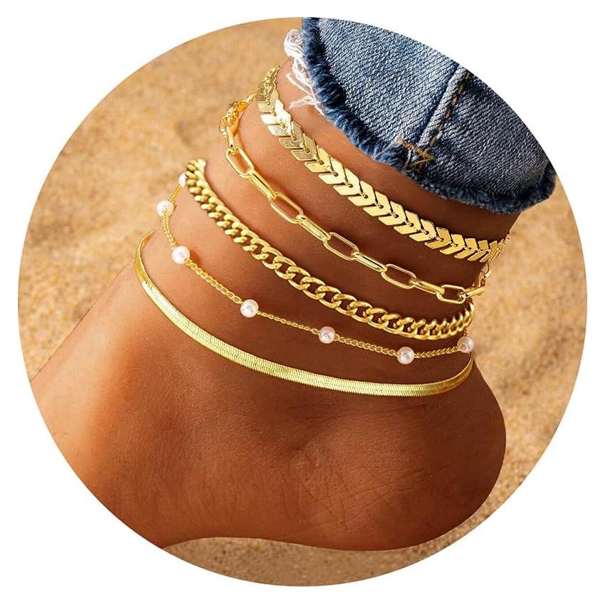 Pulseras de Tobillo de Oro 14K para Mujeres - 5 Piezas Ajustables