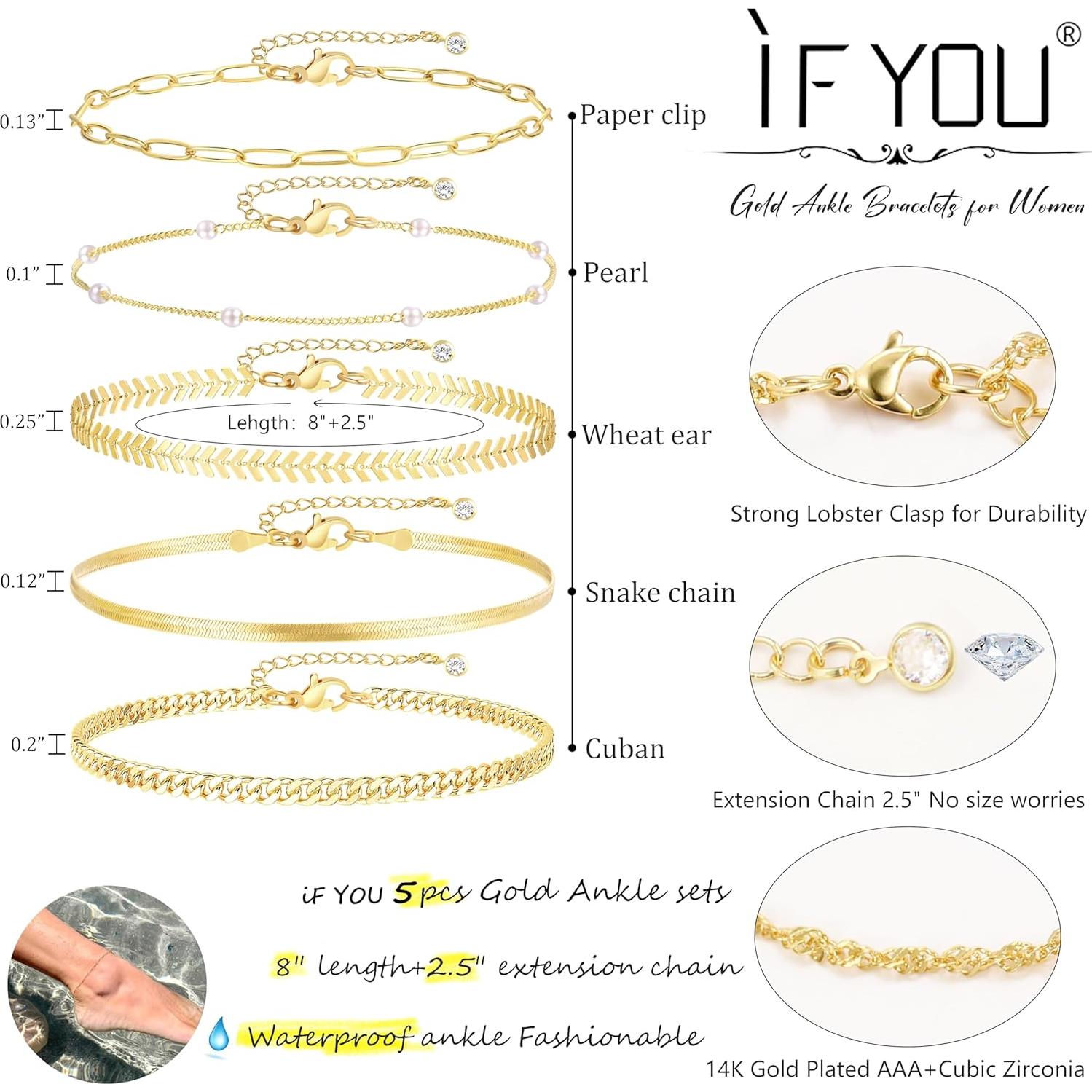 Pulseras de Tobillo de Oro 14K para Mujeres - 5 Piezas Ajustables