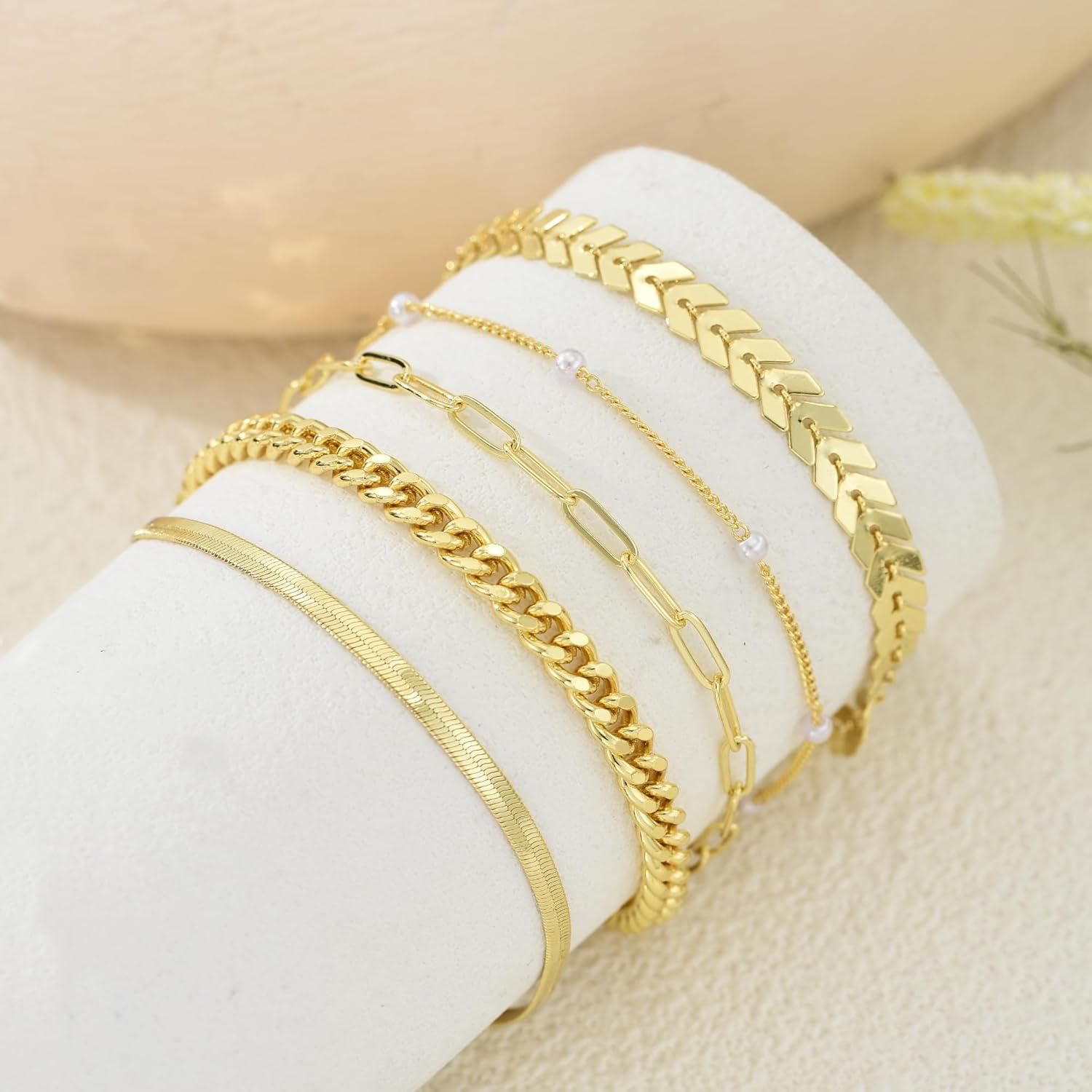Pulseras de Tobillo de Oro 14K para Mujeres - 5 Piezas Ajustables