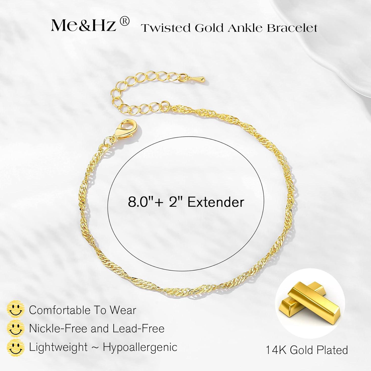 Tobillera de Oro 14k Me&Hz Ajustable Hipoalergénica 20.32 cm