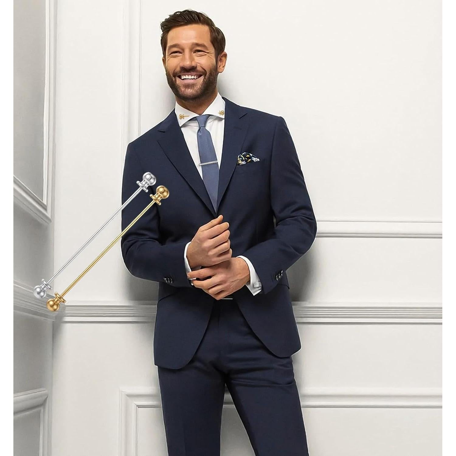 Juego de 2 Pines de Collar para Hombre Oro y Plata 6.5 cm