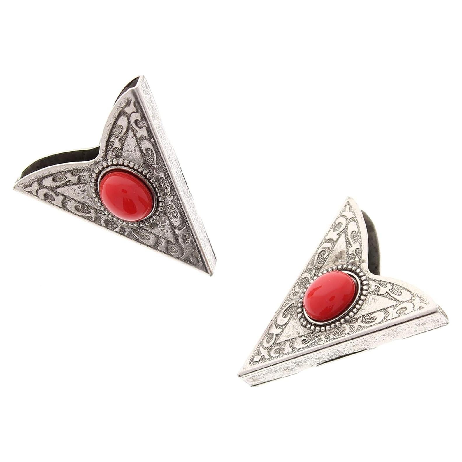 Puntas de Collar Plateadas Antiguas con Piedra Roja - Unisex