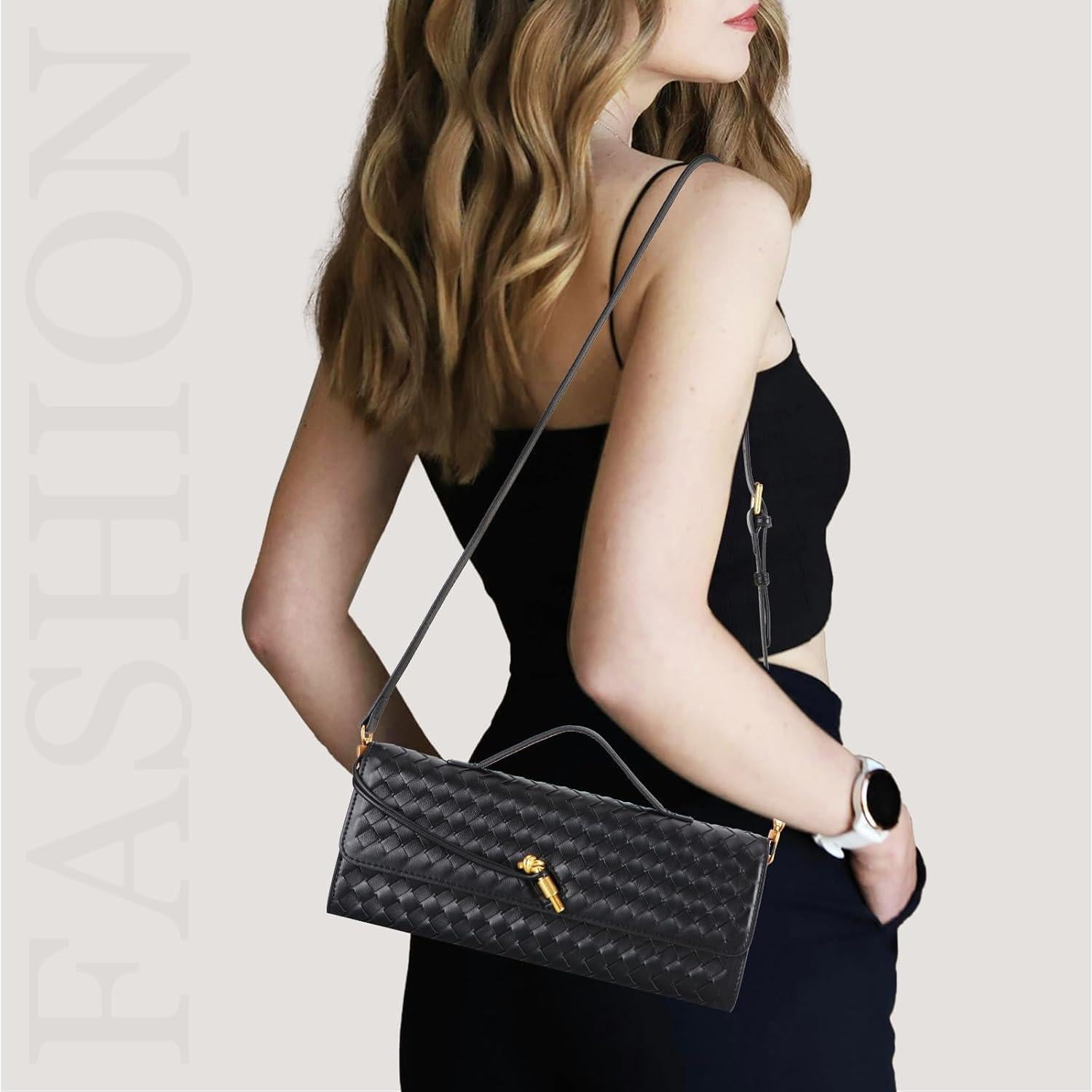 Bolso Clutch Trenzado Negro para Mujeres 30x12.4 cm
