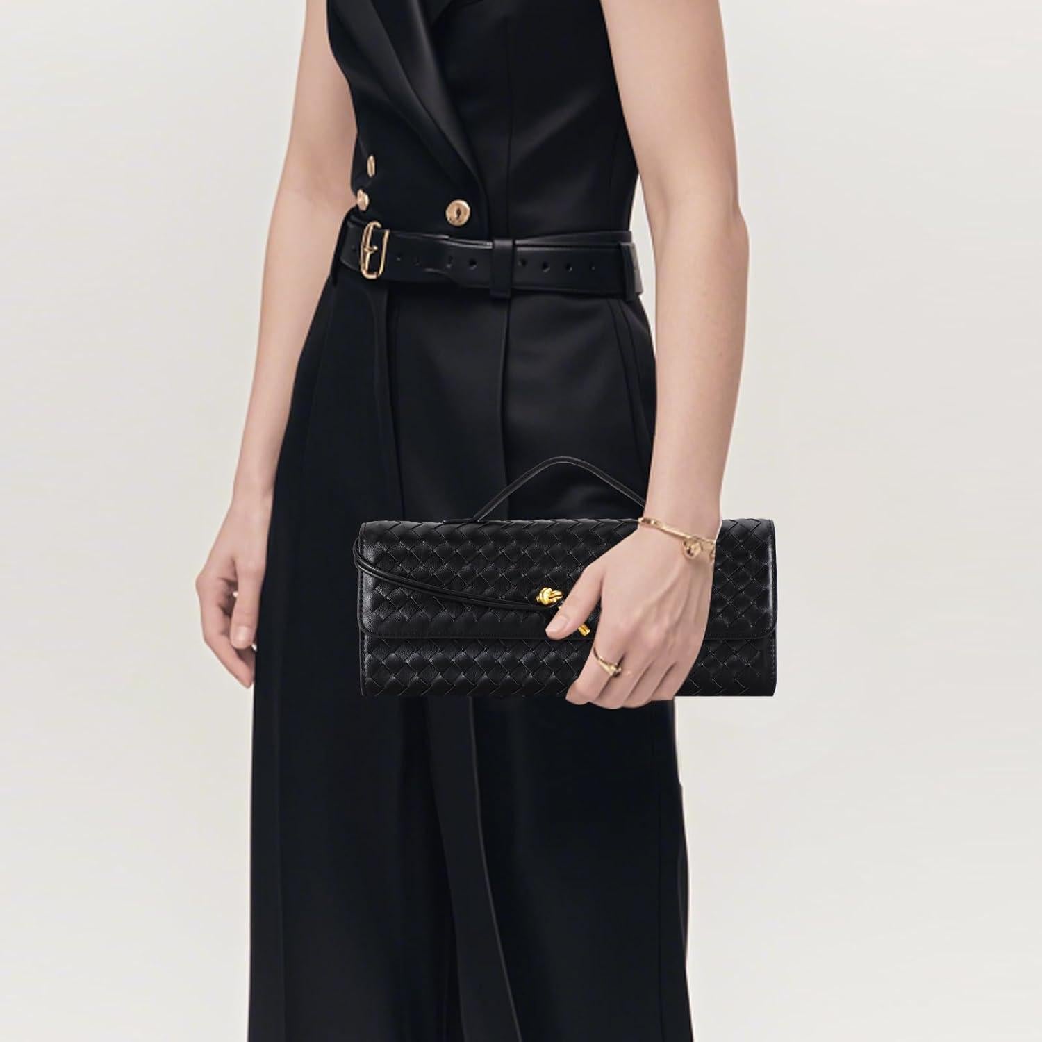 Bolso Clutch Trenzado Negro para Mujeres 30x12.4 cm