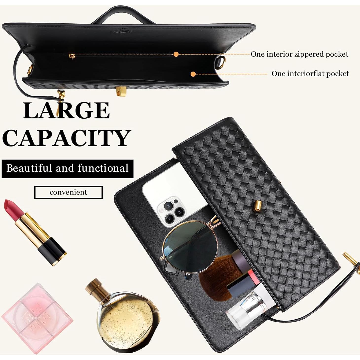 Bolso Clutch Trenzado Negro para Mujeres 30x12.4 cm