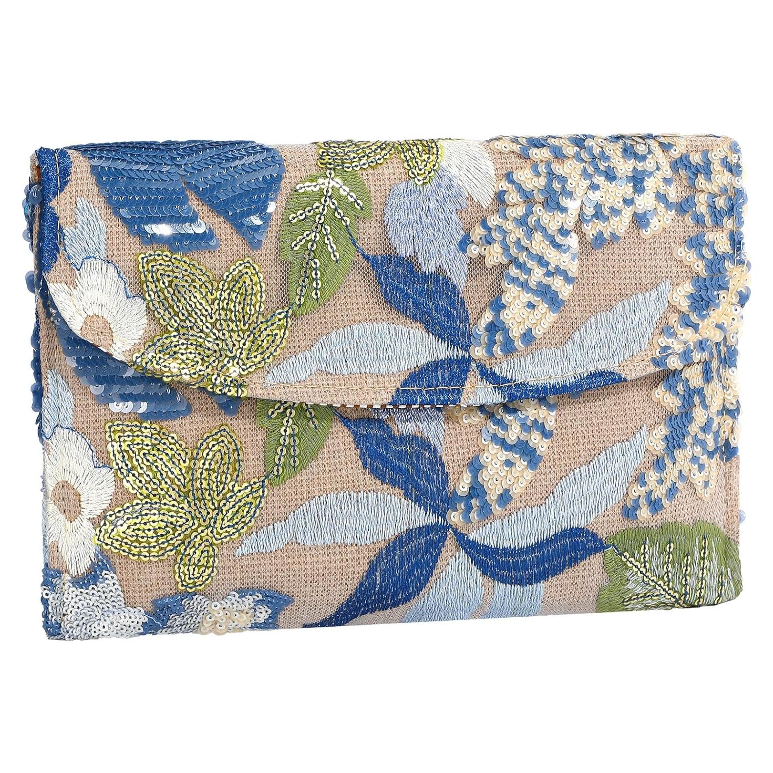 Bolso Clutch Floral Bordado para Mujeres - Azul - 25.9x15.7 cm