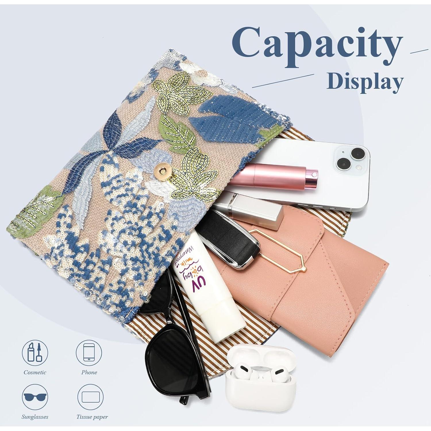 Bolso Clutch Floral Bordado para Mujeres - Azul - 25.9x15.7 cm