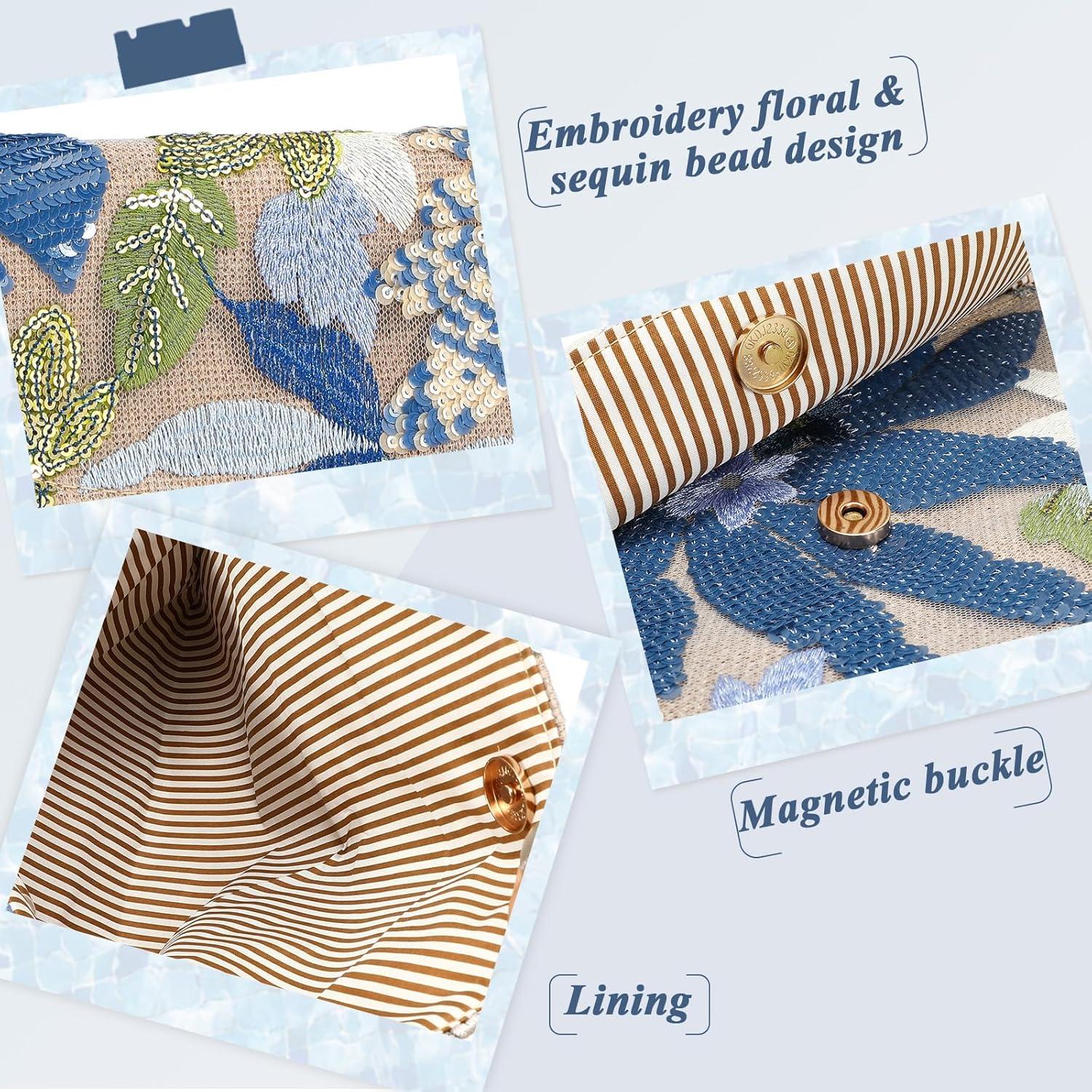 Bolso Clutch Floral Bordado para Mujeres - Azul - 25.9x15.7 cm