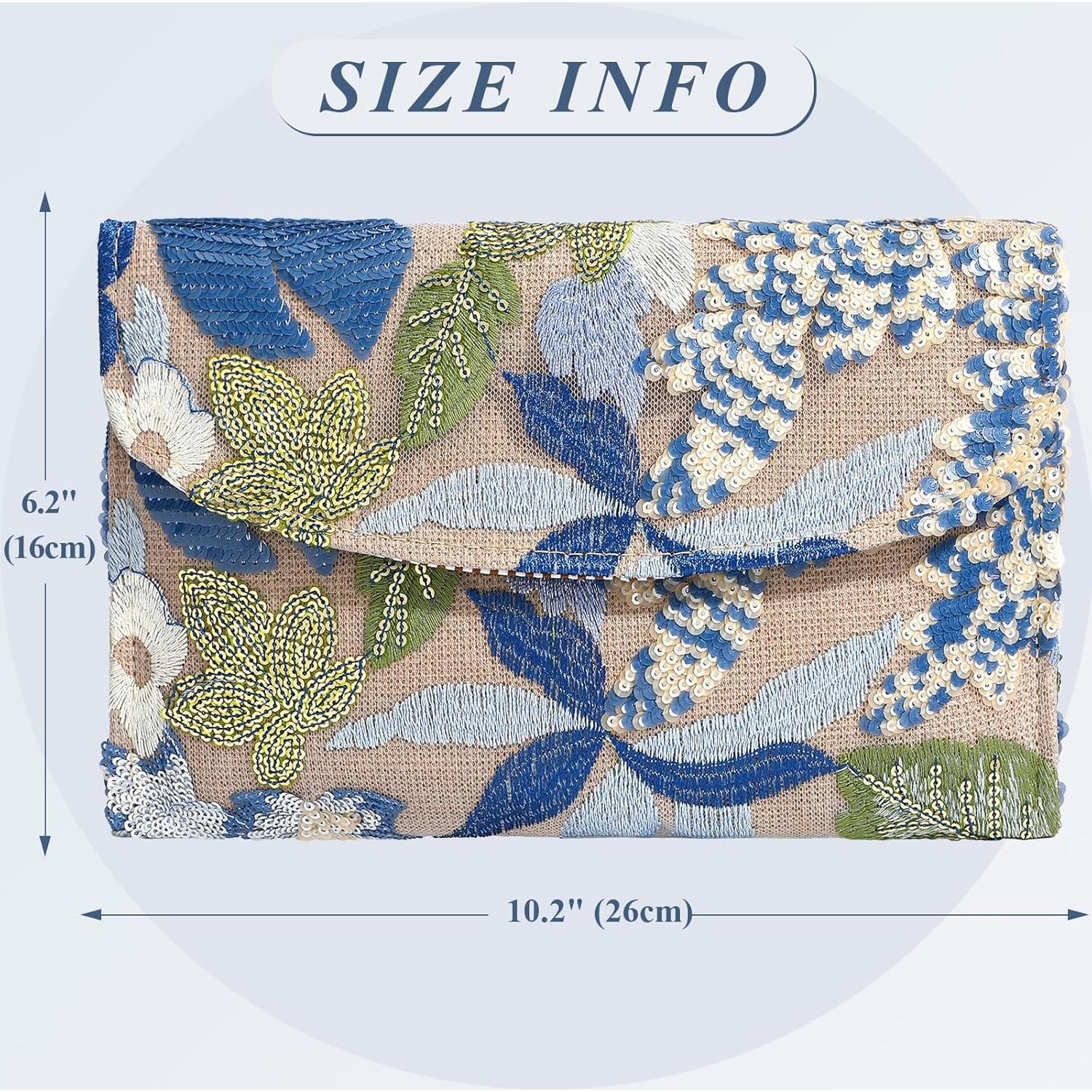 Bolso Clutch Floral Bordado para Mujeres - Azul - 25.9x15.7 cm